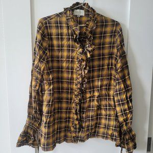 Divine Heritage Black Brown Yellow Plaid Shirt Size M Ruffles Adjustable Cuffs